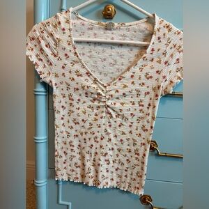 Billabong Floral Ribbed Knit Top - White with Red and Yellow Flowers